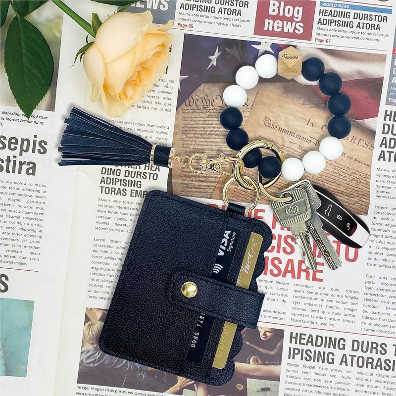 TSNSOEEO Keychain Wallet Wristlet Small Credit Card Holder Bracelet Key Chain Purse Bangle Tassel Beads Key Rings for Women - Image 2